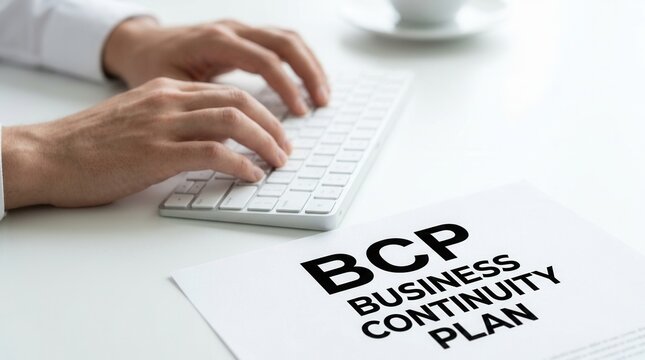 Person working on a BCP Business Continuity Plan document at a clean white workspace.