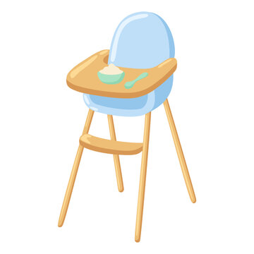 Cute blue baby high chair with bowl and spoon vector illustration