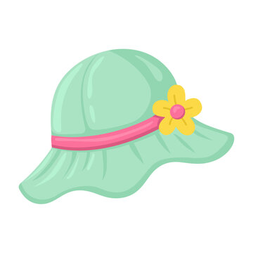 A pastel green hat sits adorned with a pink ribbon and a yellow flower.