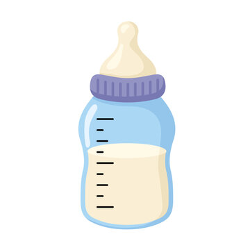 Cute blue baby feeding bottle with milk vector illustration