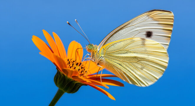 Butterfly sipping nectar from orange bloom white flower nature