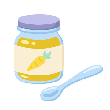 Cute carrot baby food jar and spoon vector illustration