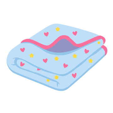 a blue baby blanket with pink hearts and yellow stars.