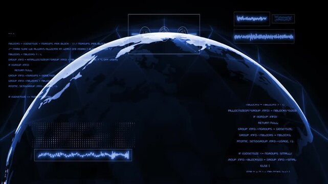 Royal blue color global connection lines network data transfer satellite communication with data analytics dashboard display infographics hi tech design black technology background