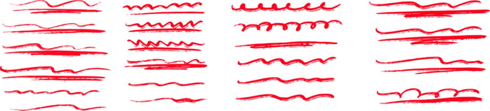 Hand Drawn Red Marker Line Vector Set Grunge Underline Brush Strokes