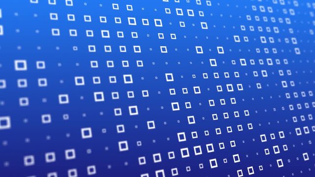 Futuristic digital background with glowing blue square pixels, abstract data visualization motion graphics, high-tech network grid animation