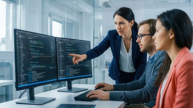 Busy software developers collaborating on complex coding projects in a modern office.