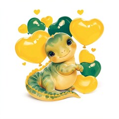 Fototapeta premium Cute baby dinosaur holding balloon for birthday greeting card. Happy little reptile illustration with heart shape decor. Adorable cartoon character design for kids party poster banner.