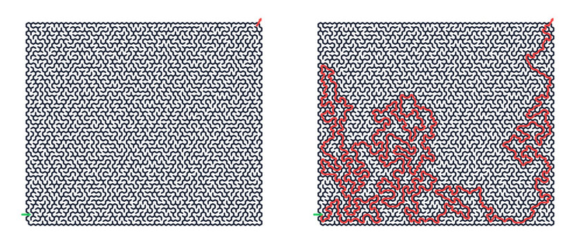 Intricate hexagonal 50x50 maze design with a vivid red solution path, contrasting colors, geometric pattern, dual panels highlighting complexity and creativity