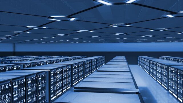 Royal blue color glowing data transfer and store with server racks traffic on servers managing and processing data hi tech design black 3d technology background