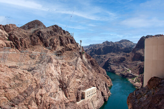 The Hoover Dam uses the Colorado River to create Lake Mead along the Nevada-Arizona border.