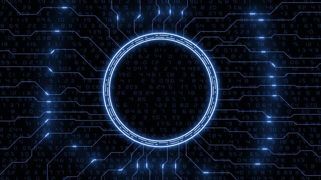Royal blue color networking and connection with glowing circuit board with bank center hi tech design black technology 3D background for logo reveal and business purpose