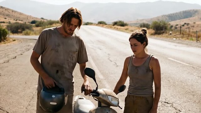Man and woman with a broken-down scooter on an arid desert road, road trip troubles and vehicle breakdown travel concept.