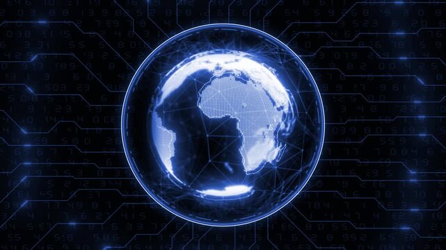 Animated Royal blue color glowing globe HUD UI data transfer with binary code futuristic design black technology background