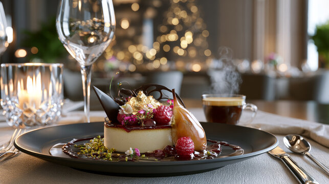 Vanilla bean mousse, caramelized pear, raspberry gel, edible gold leaf, micro flowers, pistachio crumble, tempered dark chocolate sculpture, glossy fruit glaze