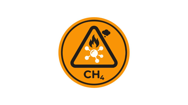 Orange circular badge displaying methane chemical formula CH4 with molecular structure illustration inside a triangle.