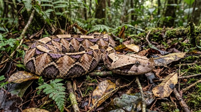 Gaboon viper snake camouflaged on a lush forest floor among fallen leaves and green ferns
