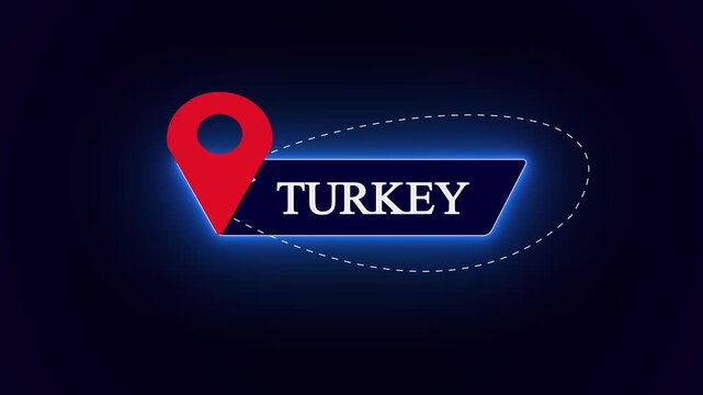 Sleek digital banner presenting Turkey country name, decorated with a distinct flight route illustration
