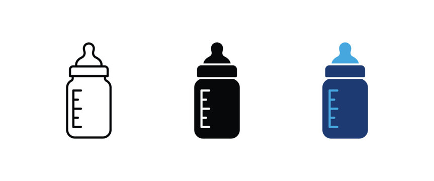 Baby feeding bottle icon, Newborn milk container with nipple symbol, Infant nutrition scale graphics, Pediatric healthcare elements, Child care drink product, Vector illustration
