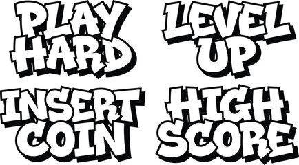 Retro game pixel style text set featuring play hard, level up, insert coin, and score phrases in bold black and white © MD