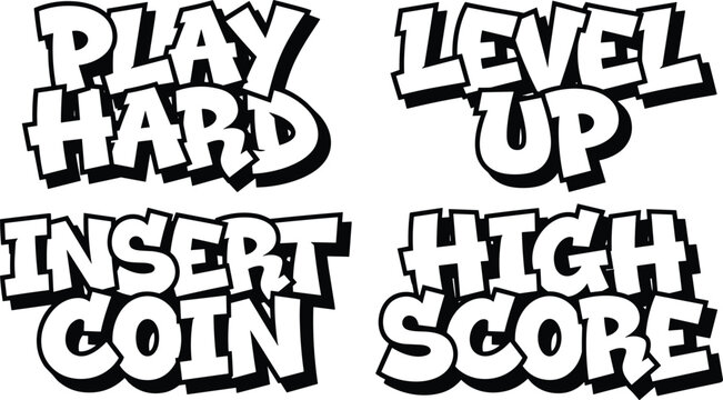 Retro game pixel style text set featuring play hard, level up, insert coin, and score phrases in bold black and white