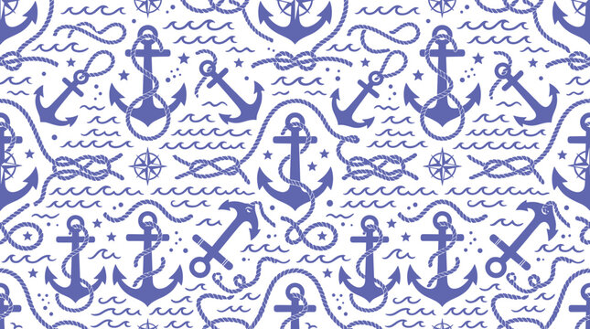 Seamless nautical pattern with blue anchors, ropes, and compass on a white background, for marine themed decorations