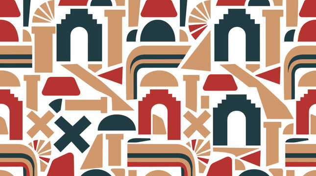 Seamless pattern featuring abstract geometric architectural shapes in red, dark green, and beige colors