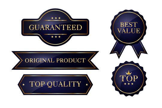 Luxury gold label collection with guaranteed, original product, top quality and best value badges. Elegant blue and gold emblems for branding, packaging, certificates and premium products.