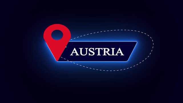 Elegant Austria nameplate graphic with neon stroke frame, paired with a dynamic airplane route marker