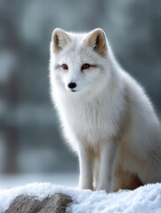 Fototapeta premium Arctic fox white fur winter snow animal sitting cold wild nature forest serene arctic fox with thick white fur sits snowy ground peaceful winter