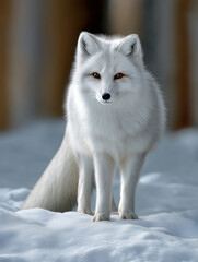 Fototapeta premium Arctic fox standing on snowy ground white fur winter alert expression cold climate wild animal nature outdoors