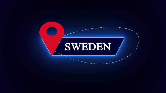 Professional Sweden travel banner template, featuring a prominent red map pin pointer and aircraft path