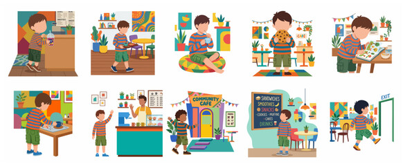 Fototapeta premium Set of flat vector illustrations of a young boy performing various activities in a cafe and community center, including eating, drinking, and helping.
