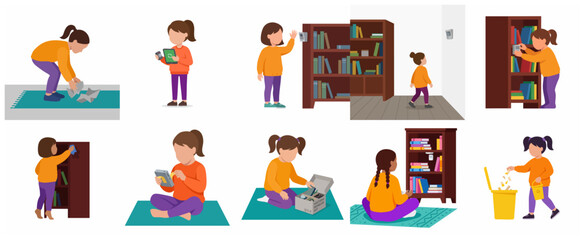 Little girl installing and using smart home motion sensor kit set, vector flat illustration