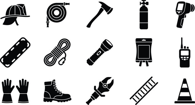 Premium black and white silhouette set of construction safety tools equipment vector icons