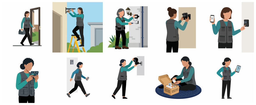 Set of female technicians installing smart home security systems, CCTV cameras, motion sensors, and smart doorbells in modern flat illustration style
