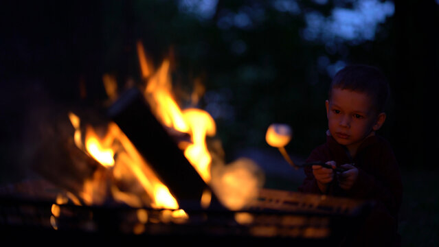 Young boy roasting marshmallow over glowing campfire at night. Focused child in warm firelight during cozy family camping. Perfect summer outdoor leisure