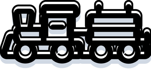 Black and white toy train icon showing a vintage steam locomotive and attached wagon, minimalist outlined vector illustration symbolizing travel, industry, childhood play and transport © vectorwin