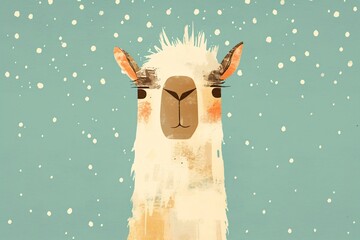 Fototapeta premium Funny llama illustration with cute expressive face against blue background with falling snow. Whimsical farm animal artwork for winter greeting card and nursery decor wall art design.