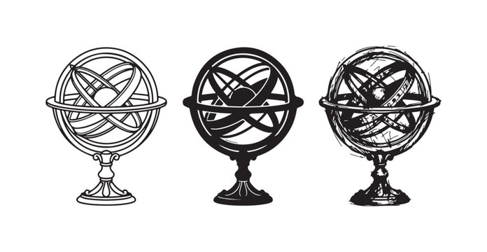 Armillary sphere icon set: outline, solid black silhouette, and hand-drawn sketch, depicting an ancient astronomical modeling instrument.