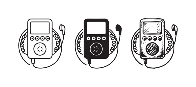 MP3 player with earphones and speaker icon set: outline, solid black, and hand-drawn sketch, representing portable music devices.