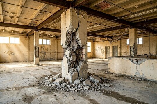 Severely Structural Damaged Buckled Central Concrete Column Pillar Exposing Rebar within an Abandoned Industrial Building Interior. Decaying Walls & Debris. State of Advanced Ruin Awaiting Demolition 