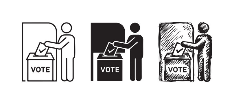 Voter at Polling Station Icon Set: Person Casting Marked Ballot into "VOTE" Box, Illustrated in Line Art, Silhouette, and Sketch Styles