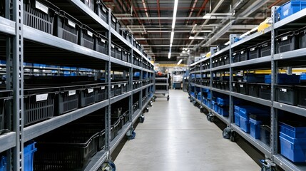 Fototapeta premium Rows of organized storage racks filled with black and blue bins line a clean industrial warehouse aisle