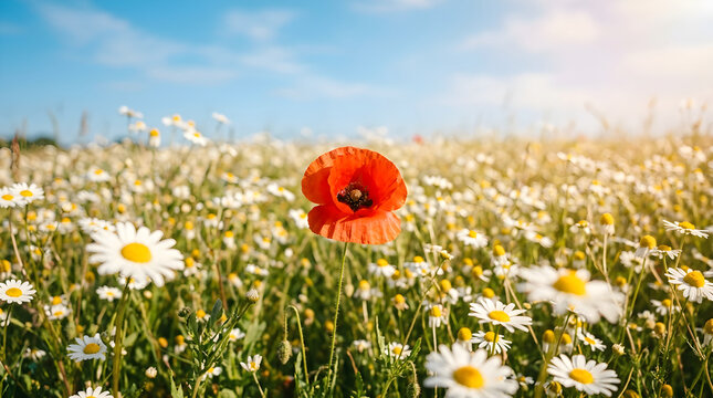 Single red poppy blooming in a sunny field of wild white daisies with wildflower