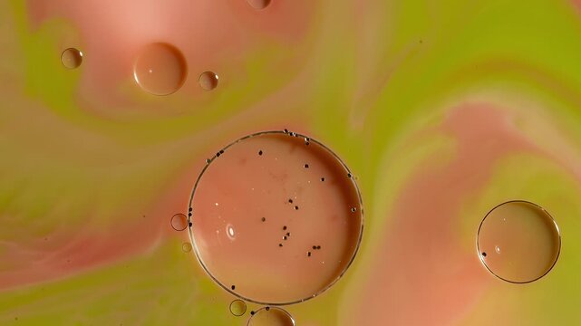 Abstract Fluid Art Macro - Swirling Chartreuse Green and Peach Paint with Oil Spheres