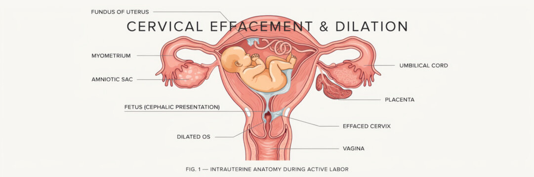 Fetal presentation during cervical effacement and dilation in labor with anatomical labels