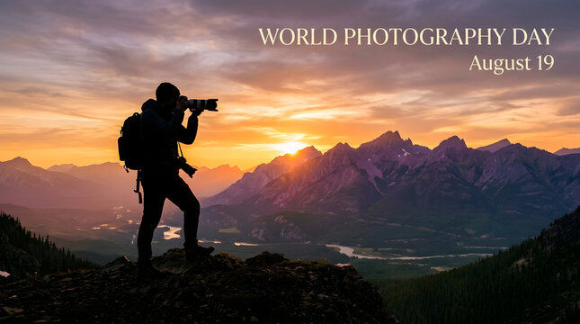 World photography day silhouette of photographer on mountain with golden hour