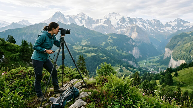 Landscape photographer capturing alpine mountain scenery with camera on tripod
