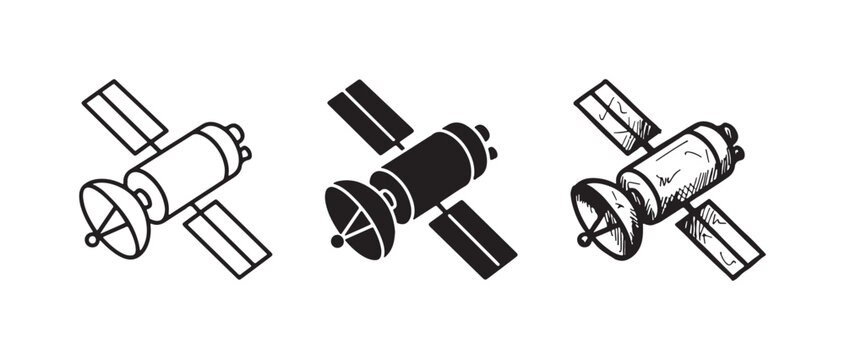 Cylindrical Communication Satellite with Side Antenna and Two Solar Panels in Outline, Silhouette, and Sketch Styles
